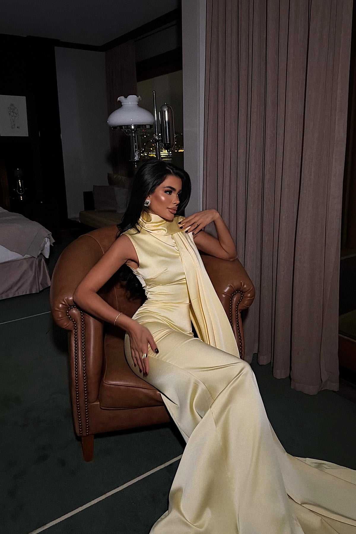 Sarı Messcy Uzun Fularlı Elbise ATE-3990