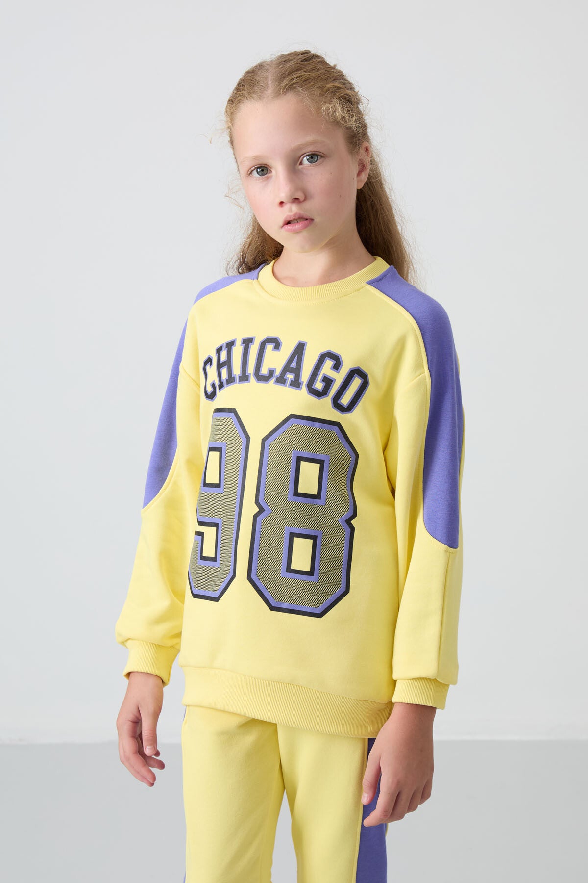 Sarı Pamuklu İçi Tüylü Yumuşak Dokulu Standart Fit Baskılı Kız Çocuk Eşofman Takım - 75170