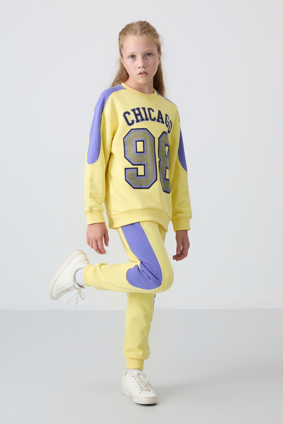 Sarı Pamuklu İçi Tüylü Yumuşak Dokulu Standart Fit Baskılı Kız Çocuk Eşofman Takım - 75170