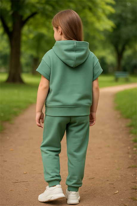 Scuba Kapüşonlu Kısa Kollu Sweatshirt ve Pantolon Yeşil 6 Yaş