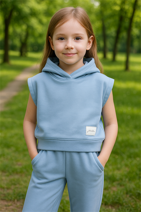 Scuba Kapüşonlu Kısa Kollu Sweatshirt ve Pantolon Mavi 12 Yaş