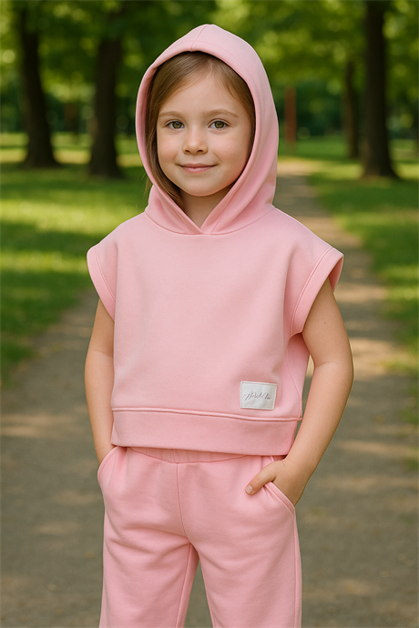 Scuba Kapüşonlu Kısa Kollu Sweatshirt ve Pantolon Pembe 14 Yaş