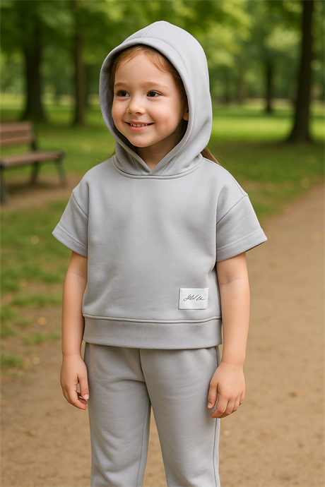 Scuba Kapüşonlu Kısa Kollu Sweatshirt ve Pantolon Gri 8 Yaş