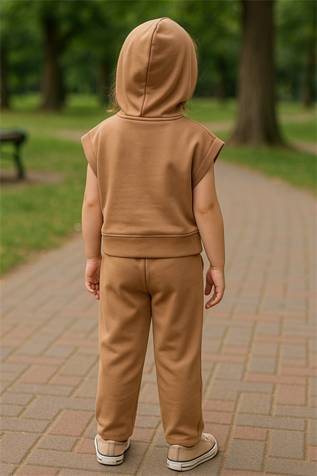 Scuba Kapüşonlu Kısa Kollu Sweatshirt ve Pantolon Kahverengi 8 Yaş