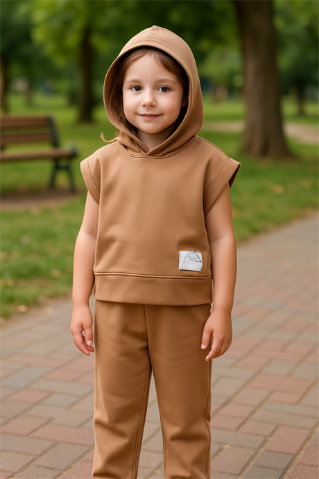Scuba Kapüşonlu Kısa Kollu Sweatshirt ve Pantolon Kahverengi 10 Yaş