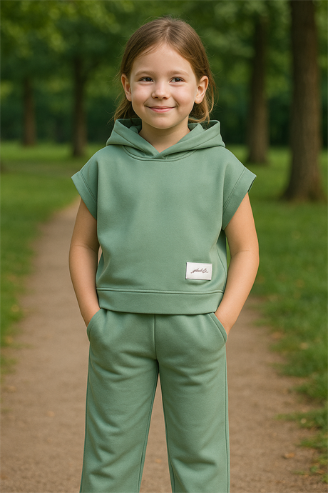 Scuba Kapüşonlu Kısa Kollu Sweatshirt ve Pantolon Yeşil 8 Yaş