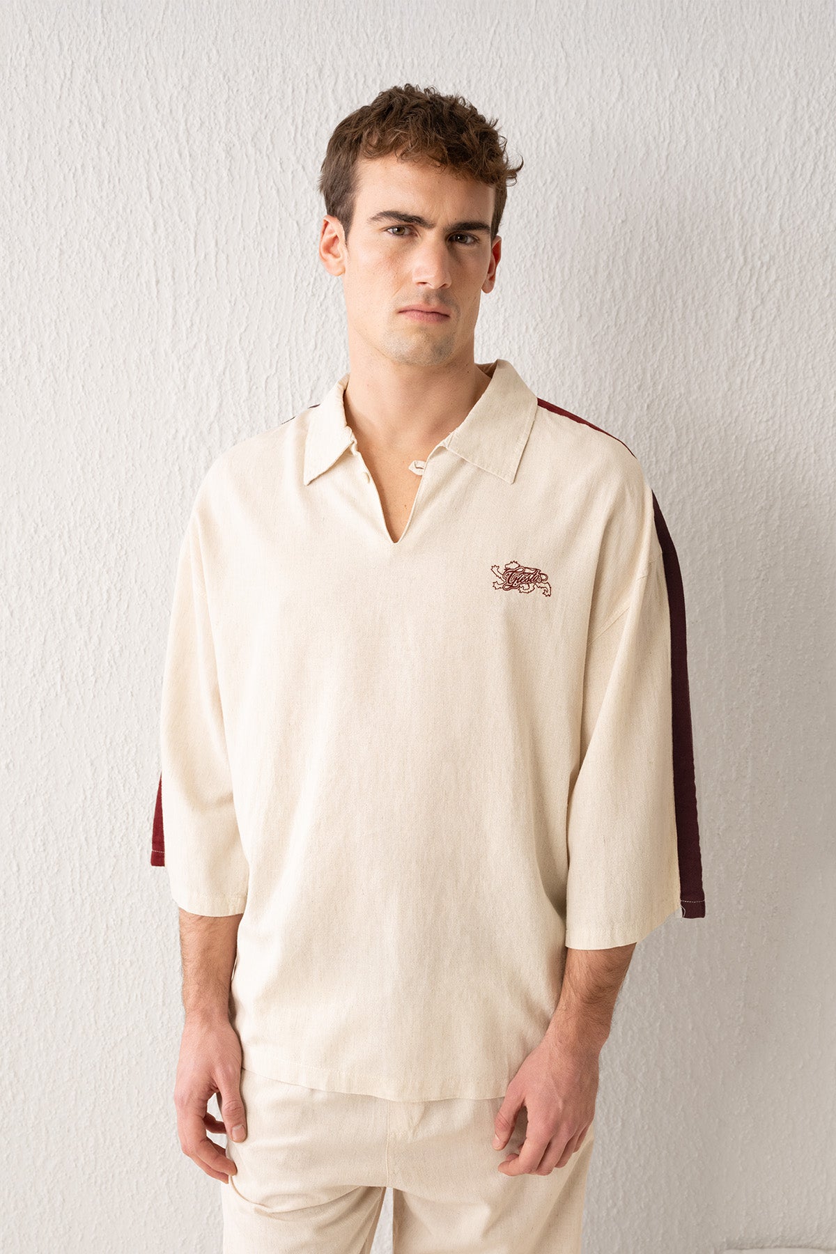 ŞERİT DETAYLI KETEN BEJ T-SHIRT