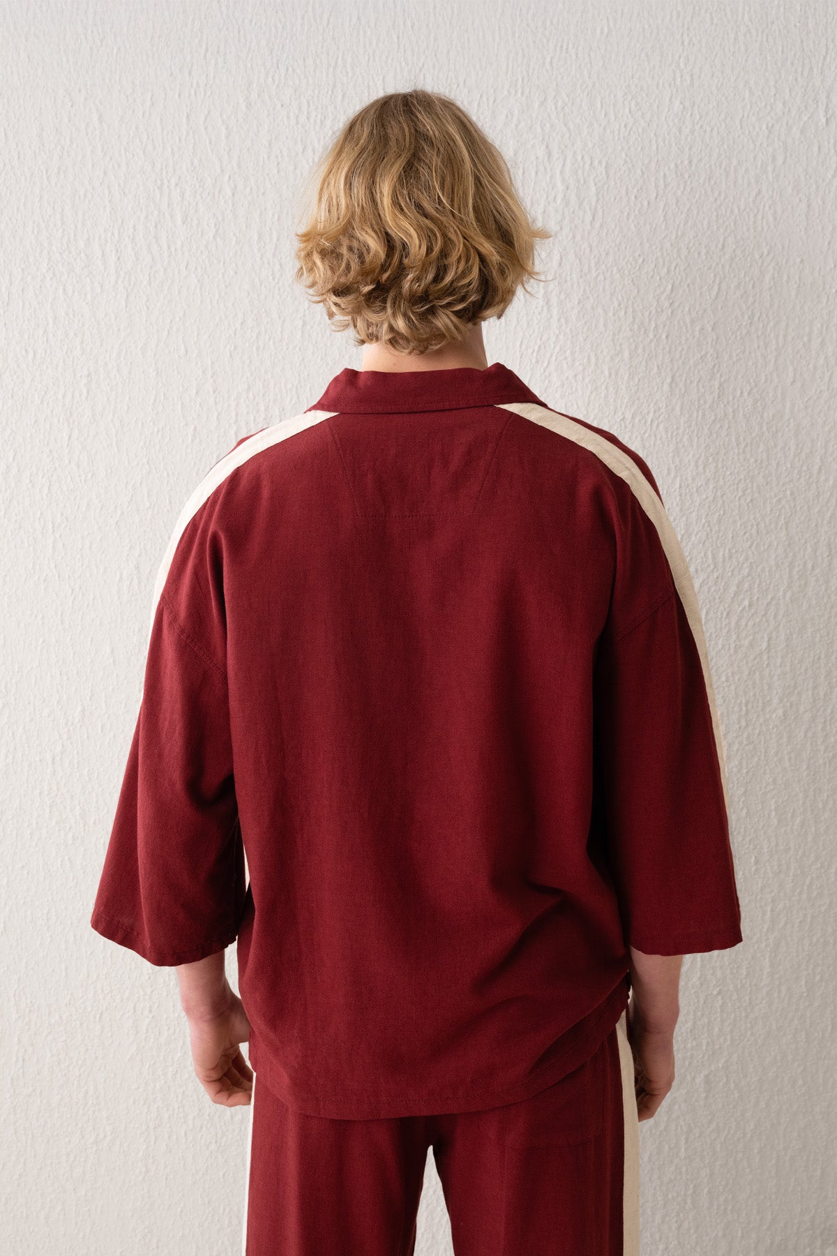 ŞERİT DETAYLI KETEN BORDO T-SHIRT - BORDO S