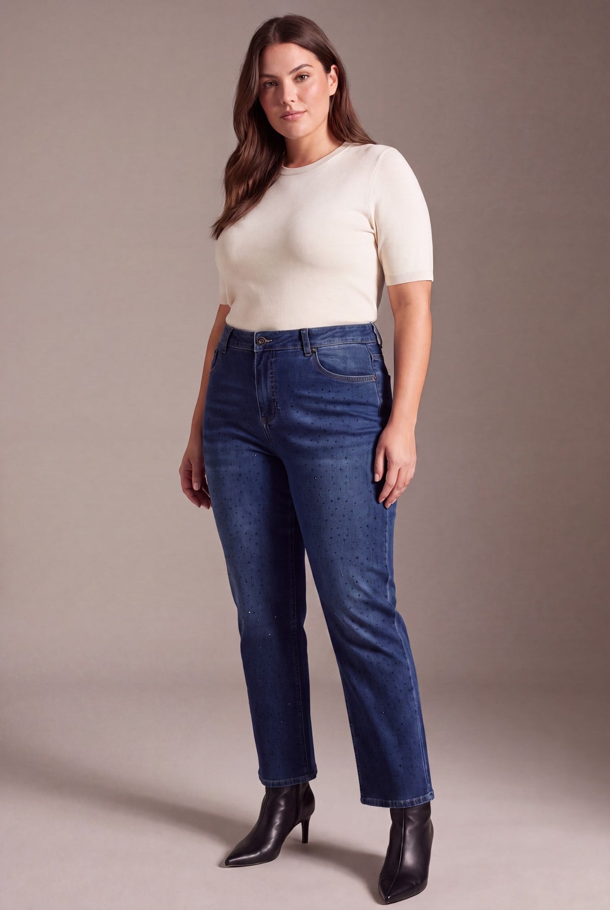 Serpme Taş Detaylı Boru Paça Büyük Beden Denim Pantolon Mavi