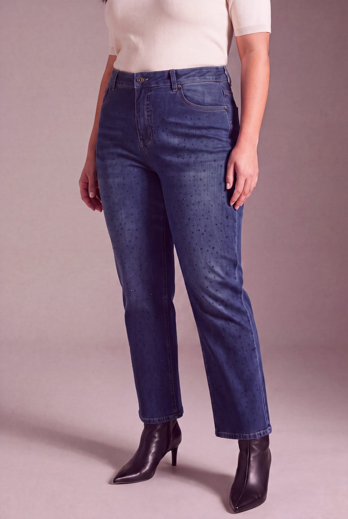 Serpme Taş Detaylı Boru Paça Büyük Beden Denim Pantolon Mavi