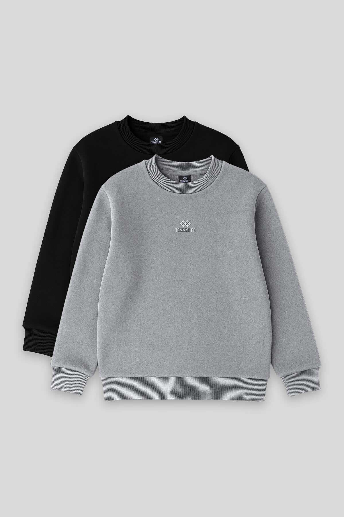 Standart Fit 2'li Paket Siyah-Gri Melanj Erkek Çocuk Sweatshirt - 11232