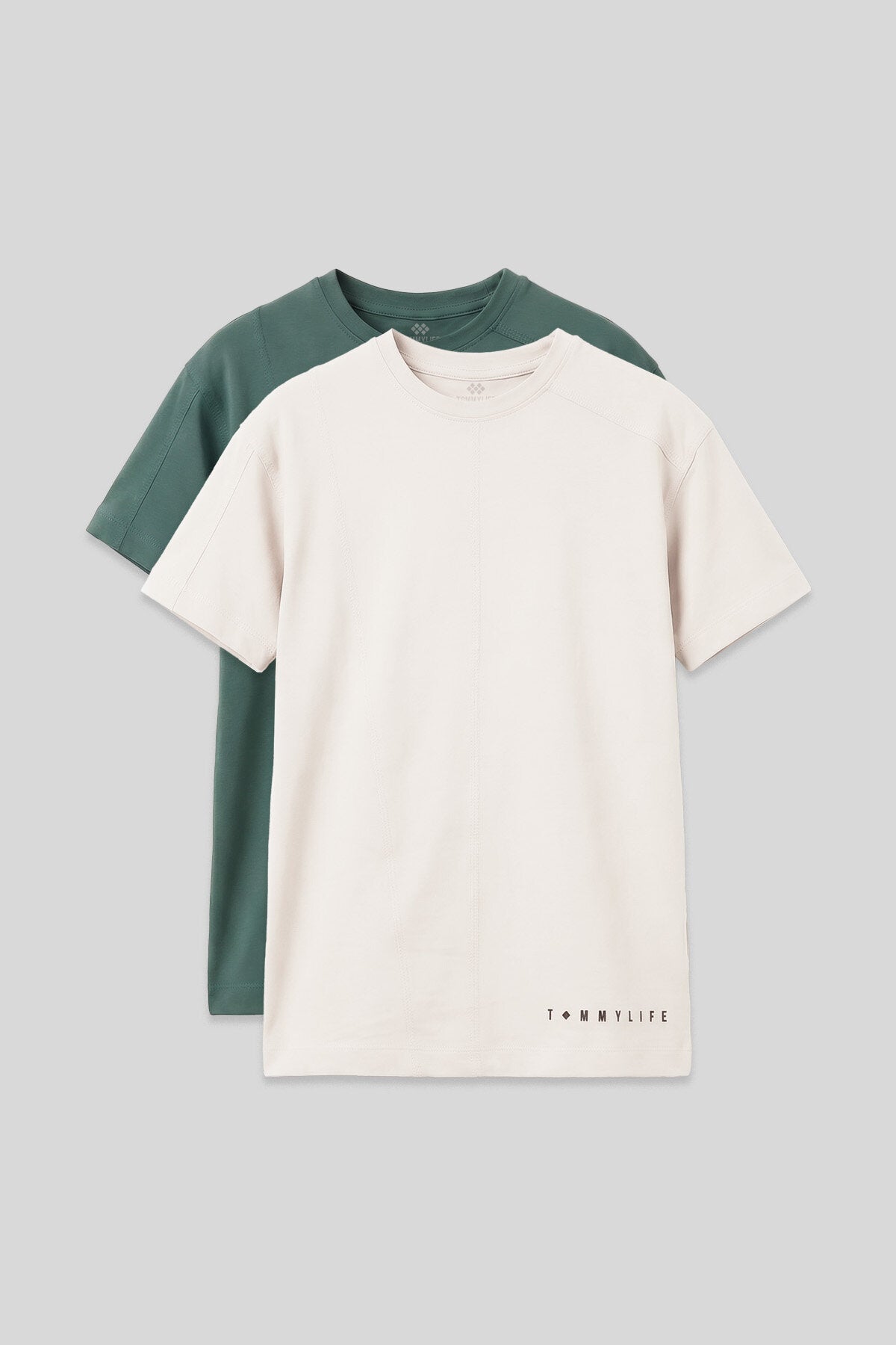 Basic Oversize O Yaka 2'li Paket Ekru-Açık Yeşil Erkek Çocuk T-Shirt - 11297