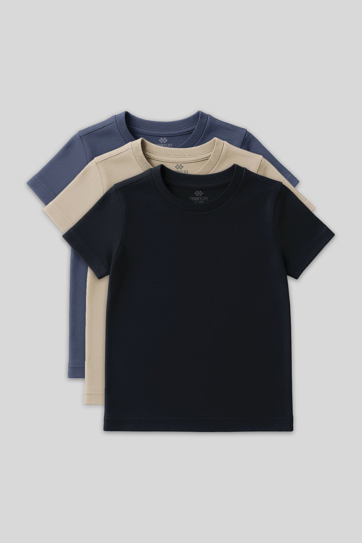 Standart Fit Basic O Yaka 3'lü Paket Lacivert-Bej-Koyu Mavi Unisex Çocuk T-Shirt - 11328