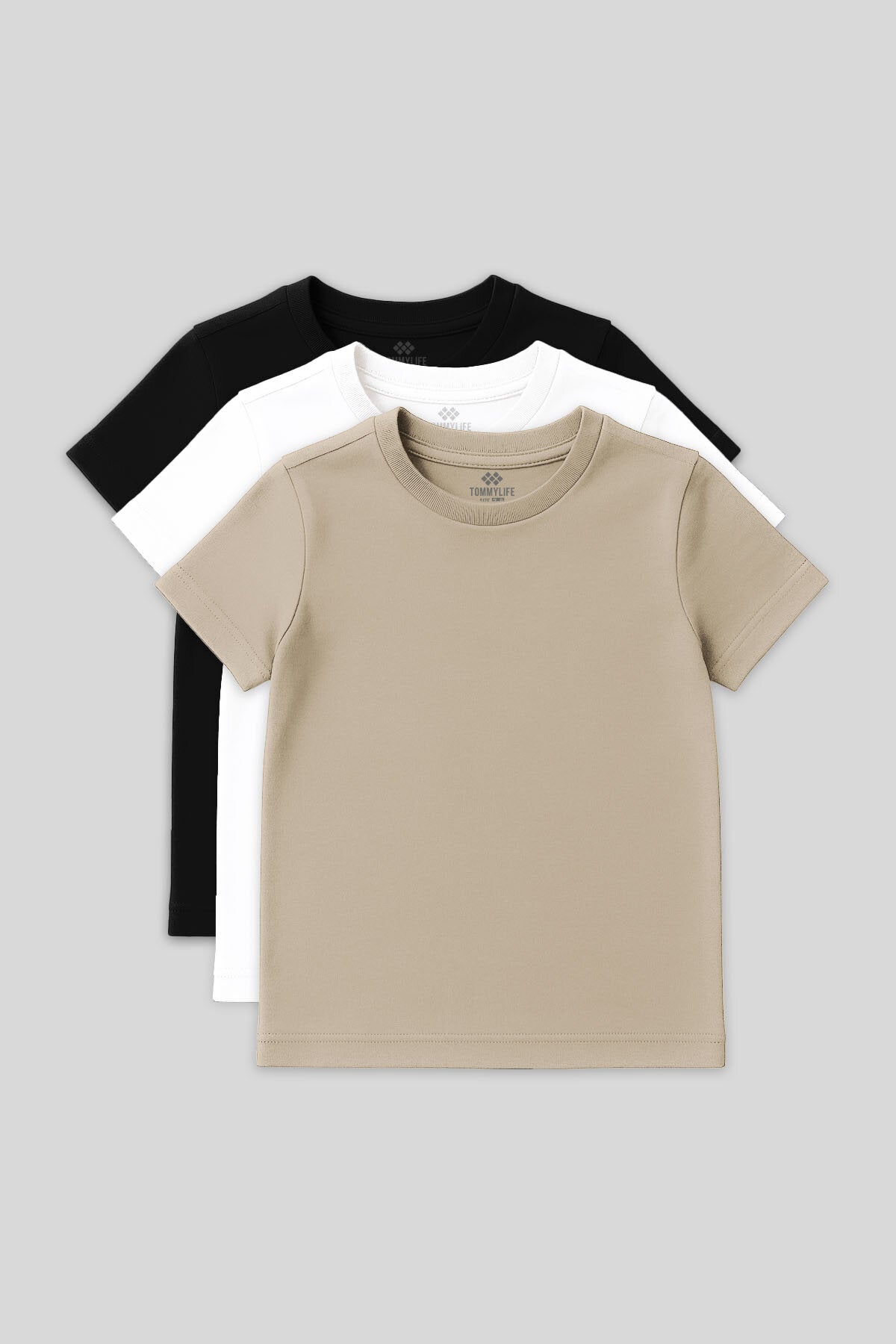 Standart Fit Basic O Yaka 3'lü Paket Siyah-Beyaz-Bej Unisex Çocuk T-Shirt - 11328