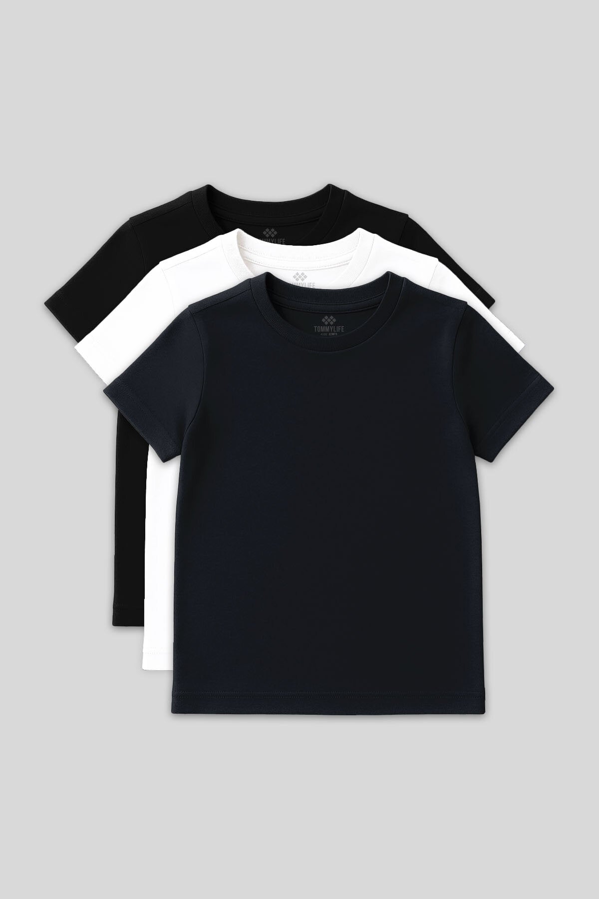 Standart Fit Basic O Yaka 3'lü Paket Siyah-Beyaz-Lacivert Unisex Çocuk T-Shirt - 11328