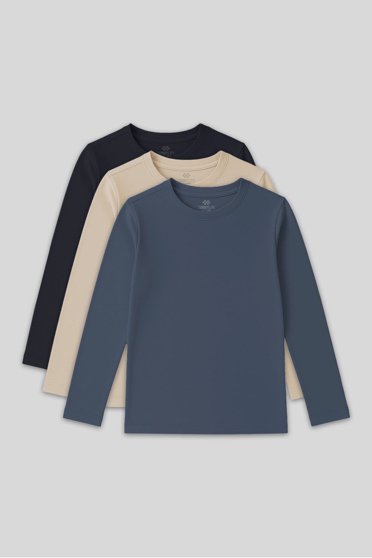 Standart Fit Basic O Yaka 3'lü Paket Lacivert-Bej-Koyu Mavi Unisex Çocuk T-Shirt - 11329