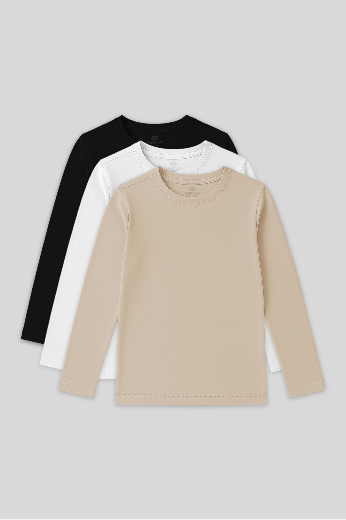 Standart Fit Basic O Yaka 3'lü Paket Siyah-Beyaz-Bej Unisex Çocuk T-Shirt - 11329