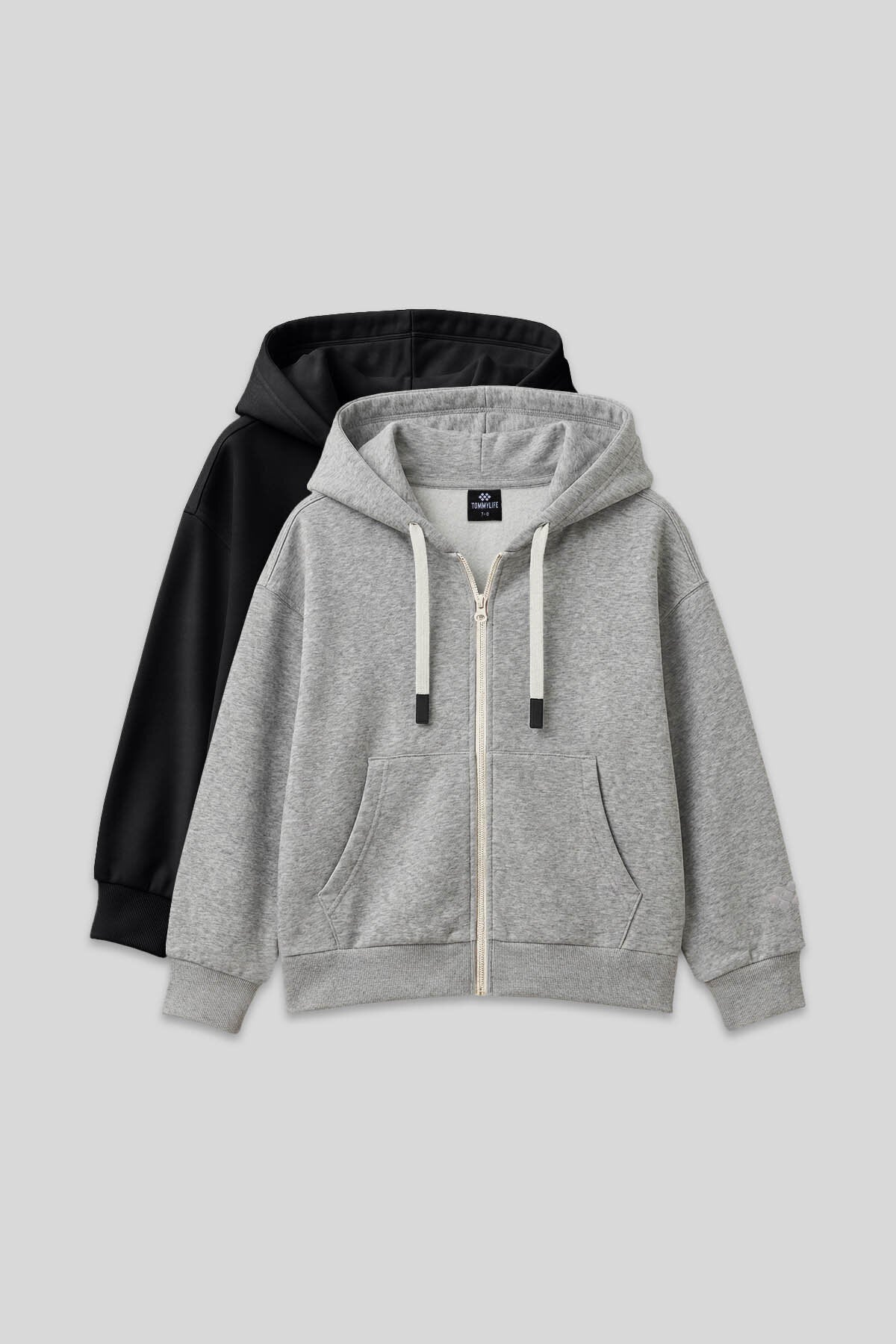 Fermuarlı Pamuklu 2'li Paket Siyah-Gri Melanj Kız Çocuk Sweatshirt - 75149