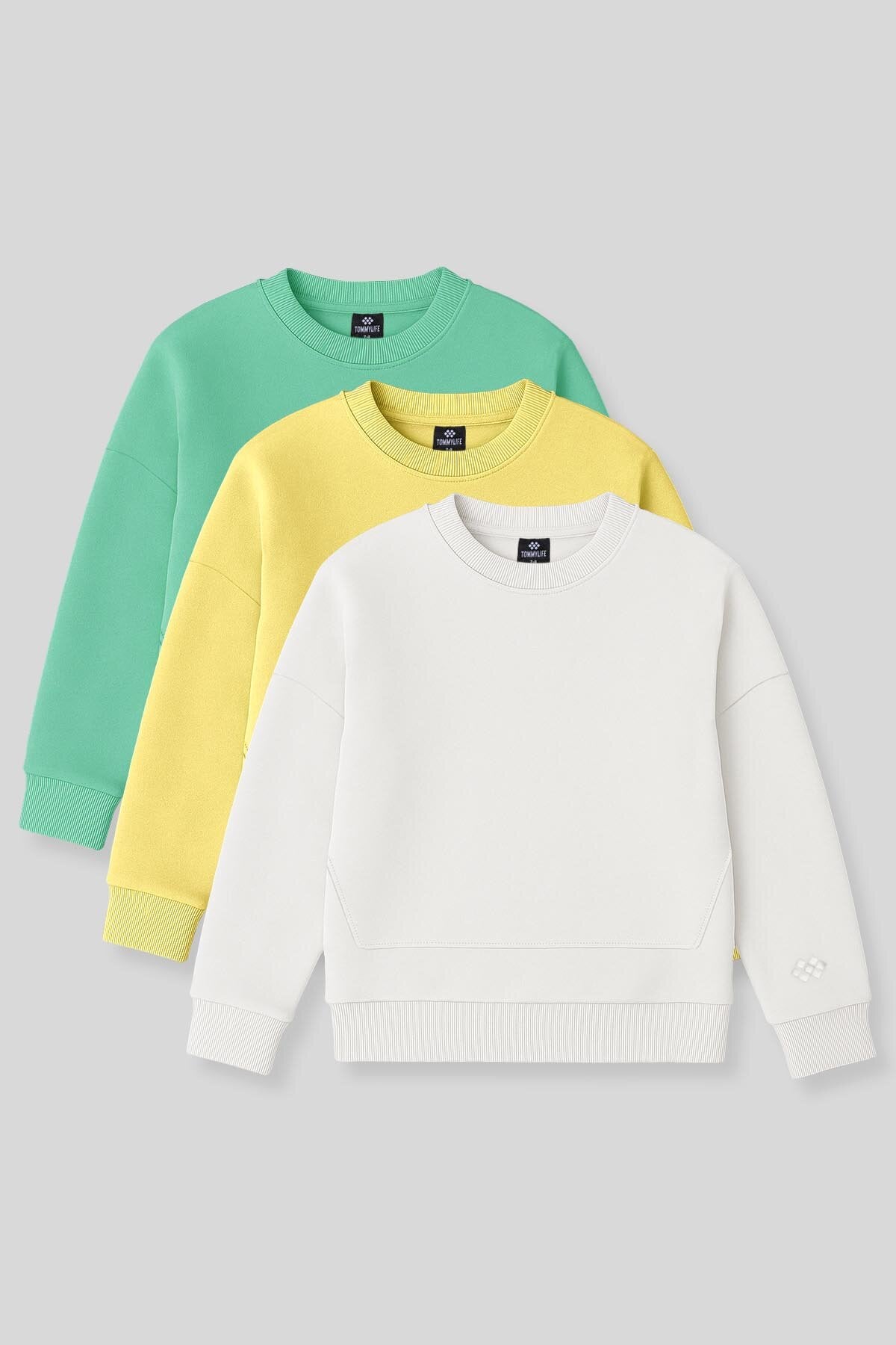 Oversize 3'lü Paket Sarı-Ekru-Su Yeşili Kız Çocuk Sweatshirt - 75150