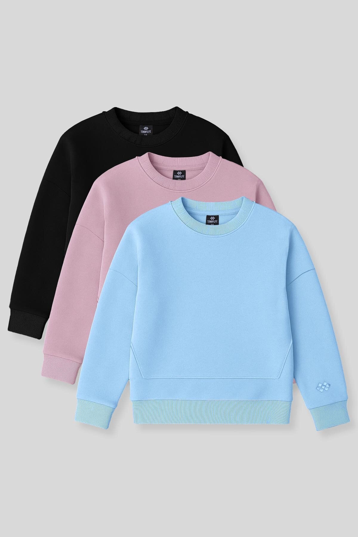 Oversize 3'lü Paket Siyah-Gül Kurusu-Açık Mavi Kız Çocuk Sweatshirt - 75150