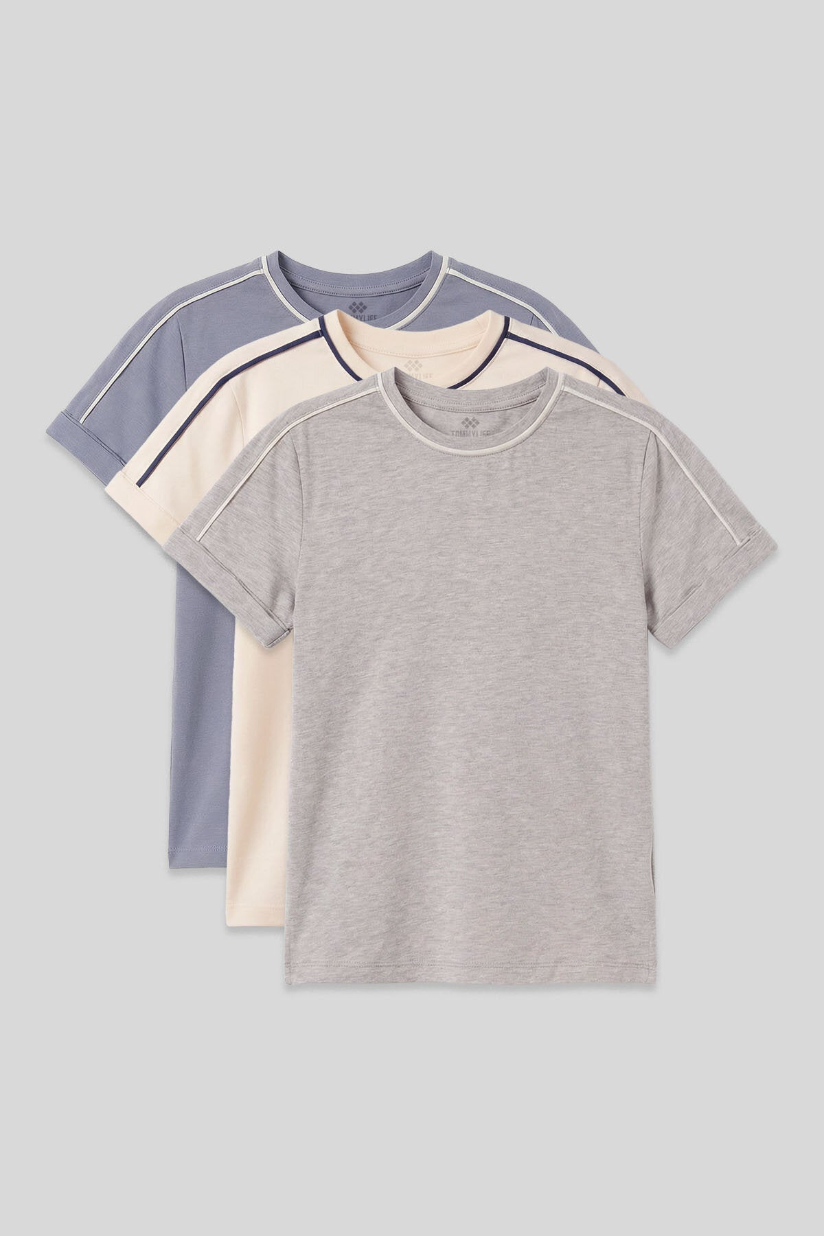 Standart Fit O Yaka 3'lü Paket Koyu Mavi-Ekru-Gri Melanj Kız Çocuk T-Shirt - 75177