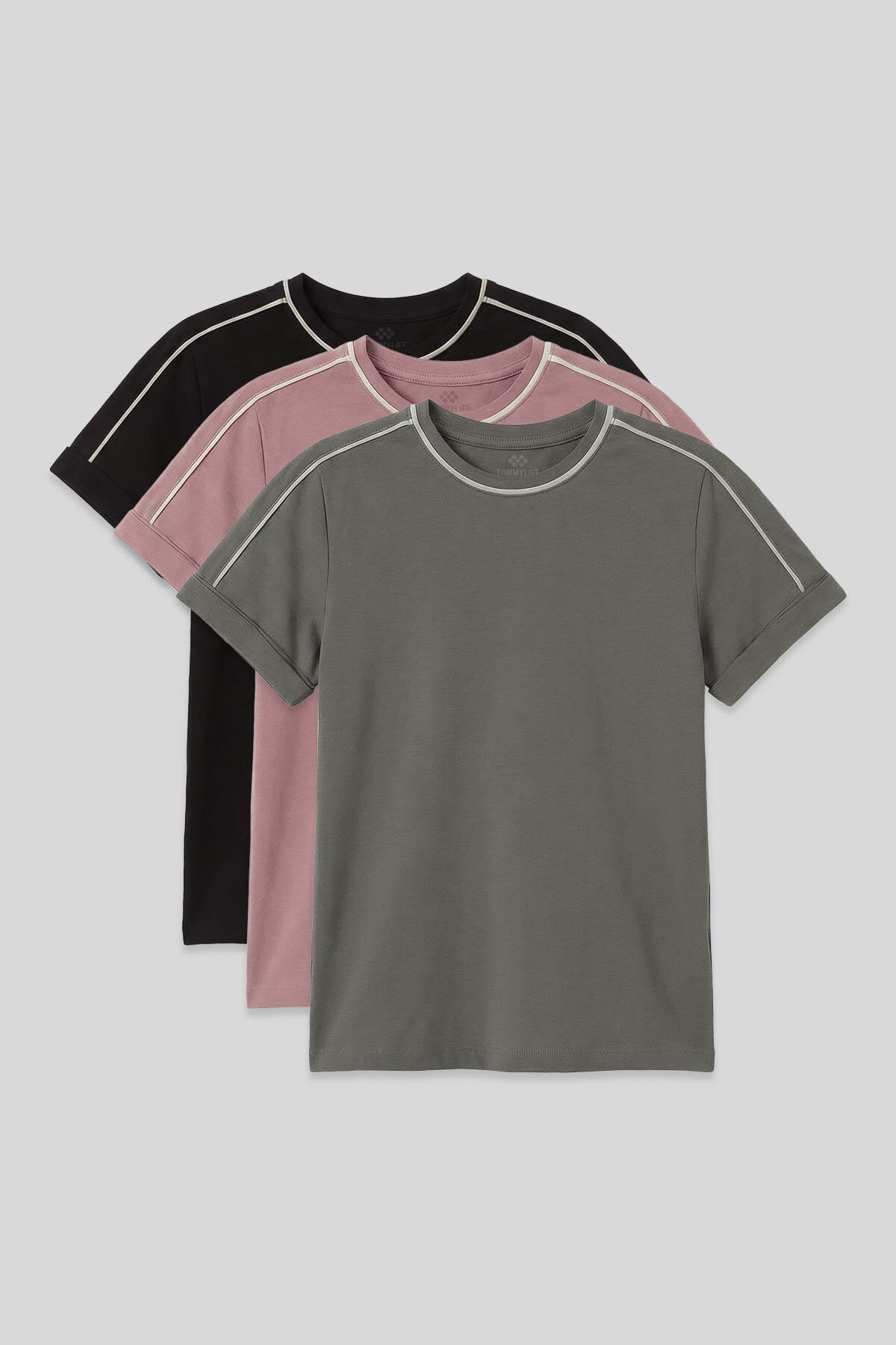 Standart Fit O Yaka 3'lü Paket Siyah-Haki-Gül Kurusu Kız Çocuk T-Shirt - 75177