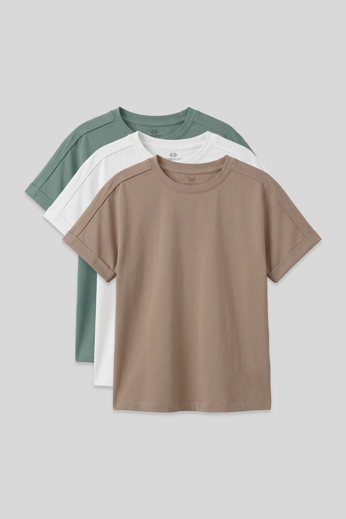 Oversize Fit O Yaka Basic 3'lü Paket Beyaz-Koyu Bej-Açık Yeşil Kız Çocuk T-Shirt - 75182