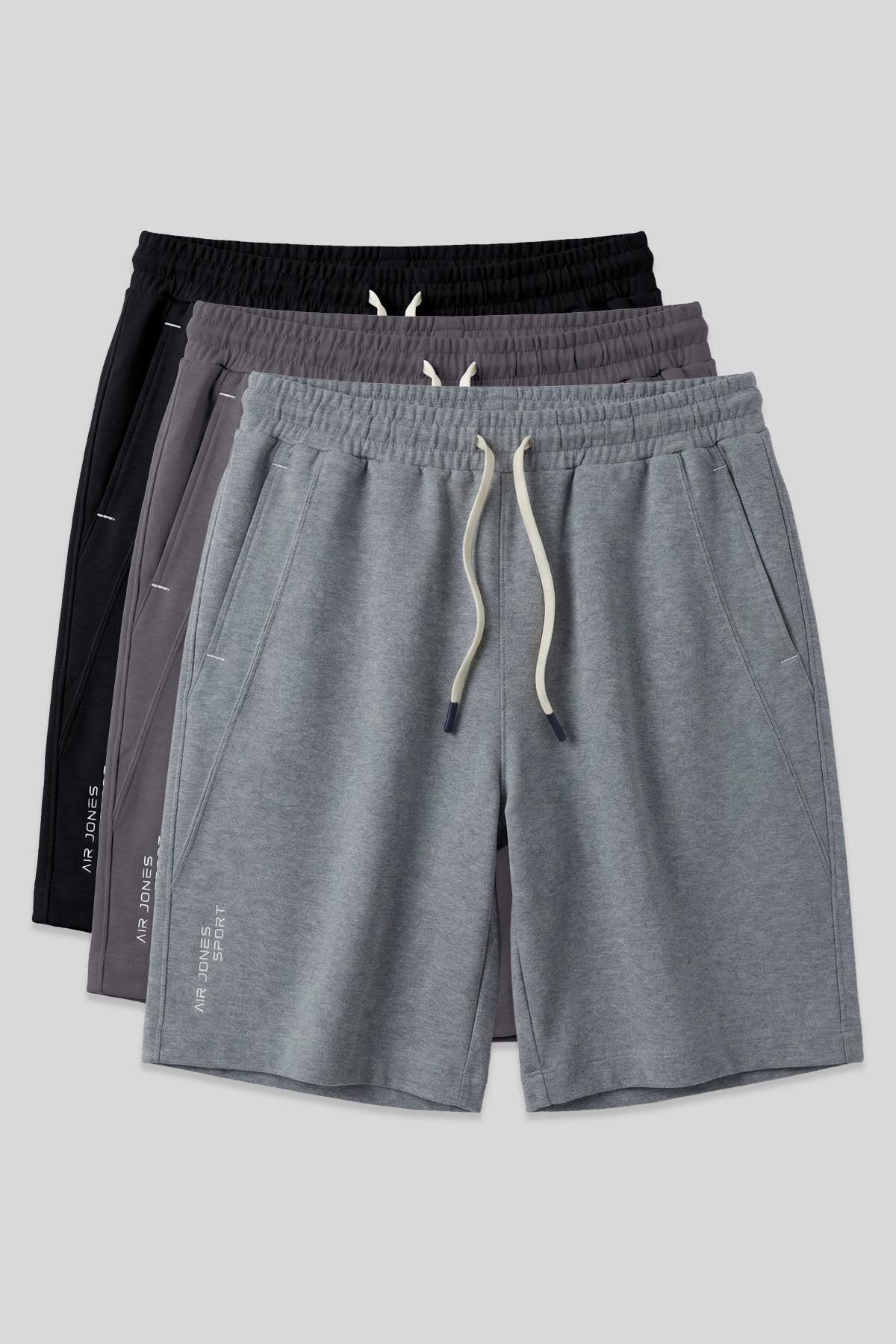 Standart Fit Basic 3'lü Paket Siyah-Gri Melanj-Koyu Gri Erkek Şort - 81278