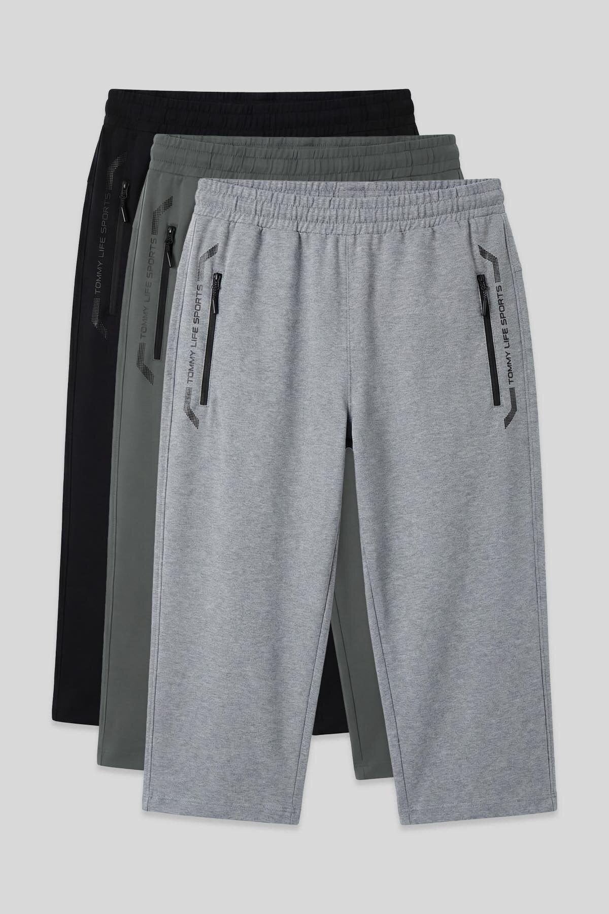 Standart Kalıp 3'lü Paket Siyah-Gri Melanj-Çağla Erkek Kapri - 83091