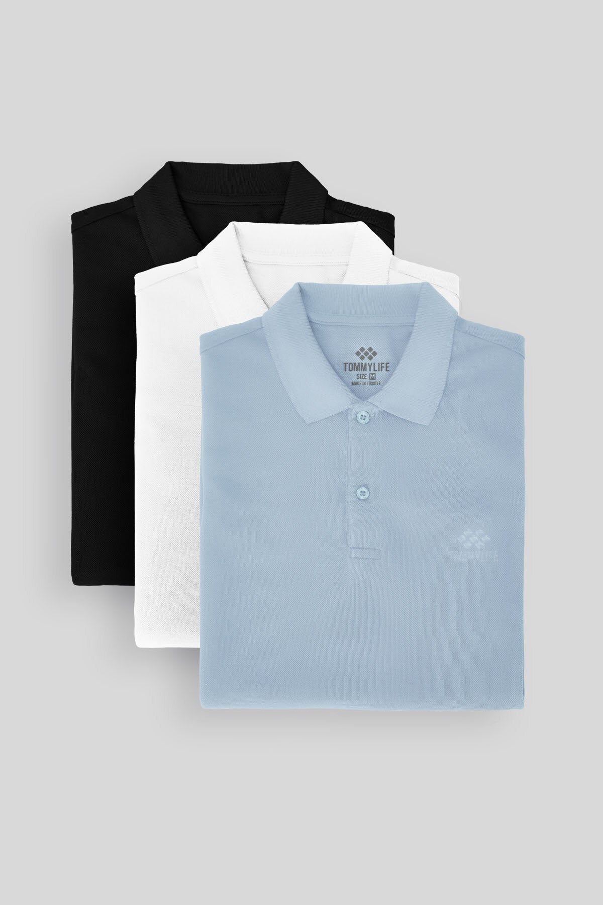 Standart Fit Basic Polo Yaka 3'lü Paket Siyah-Beyaz-Buz Mavi Erkek T-Shirt 87748