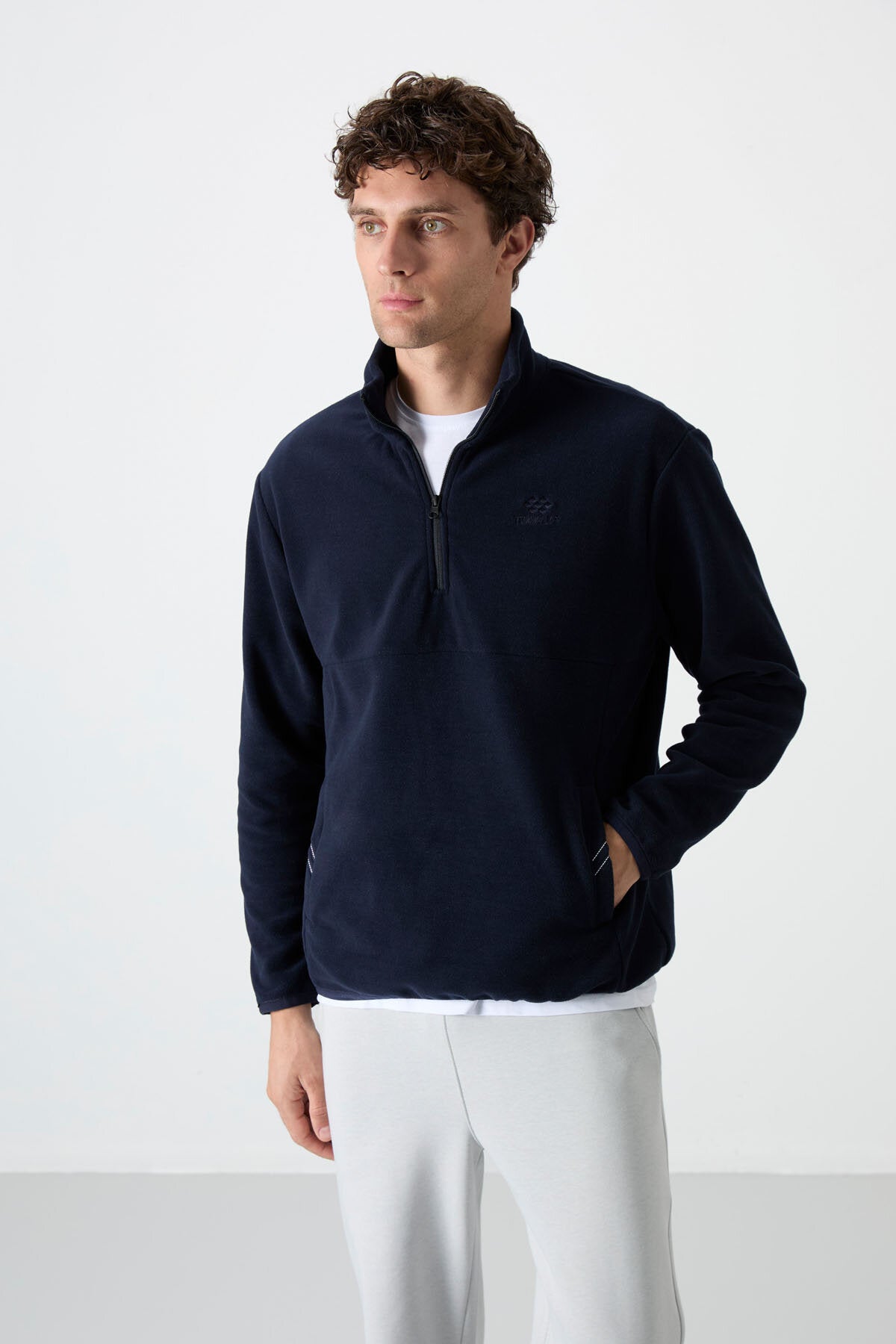 Dik Yaka Yarım Fermuarlı 2'li Paket Lacivert-Gri Melanj Erkek Polar Sweatshirt - 87891