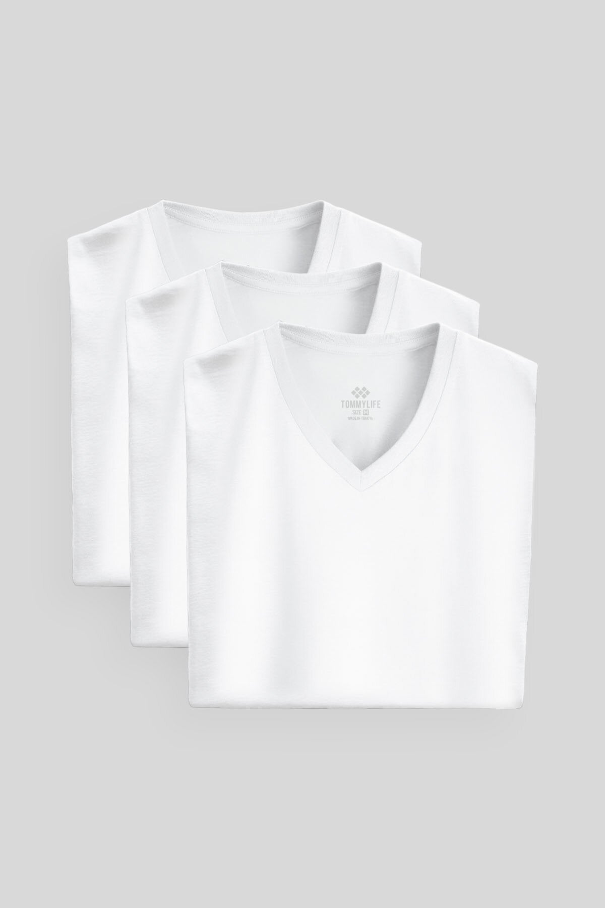 Standart Fit Basic V Yaka 3'lü Paket Beyaz Erkek T-Shirt 87912