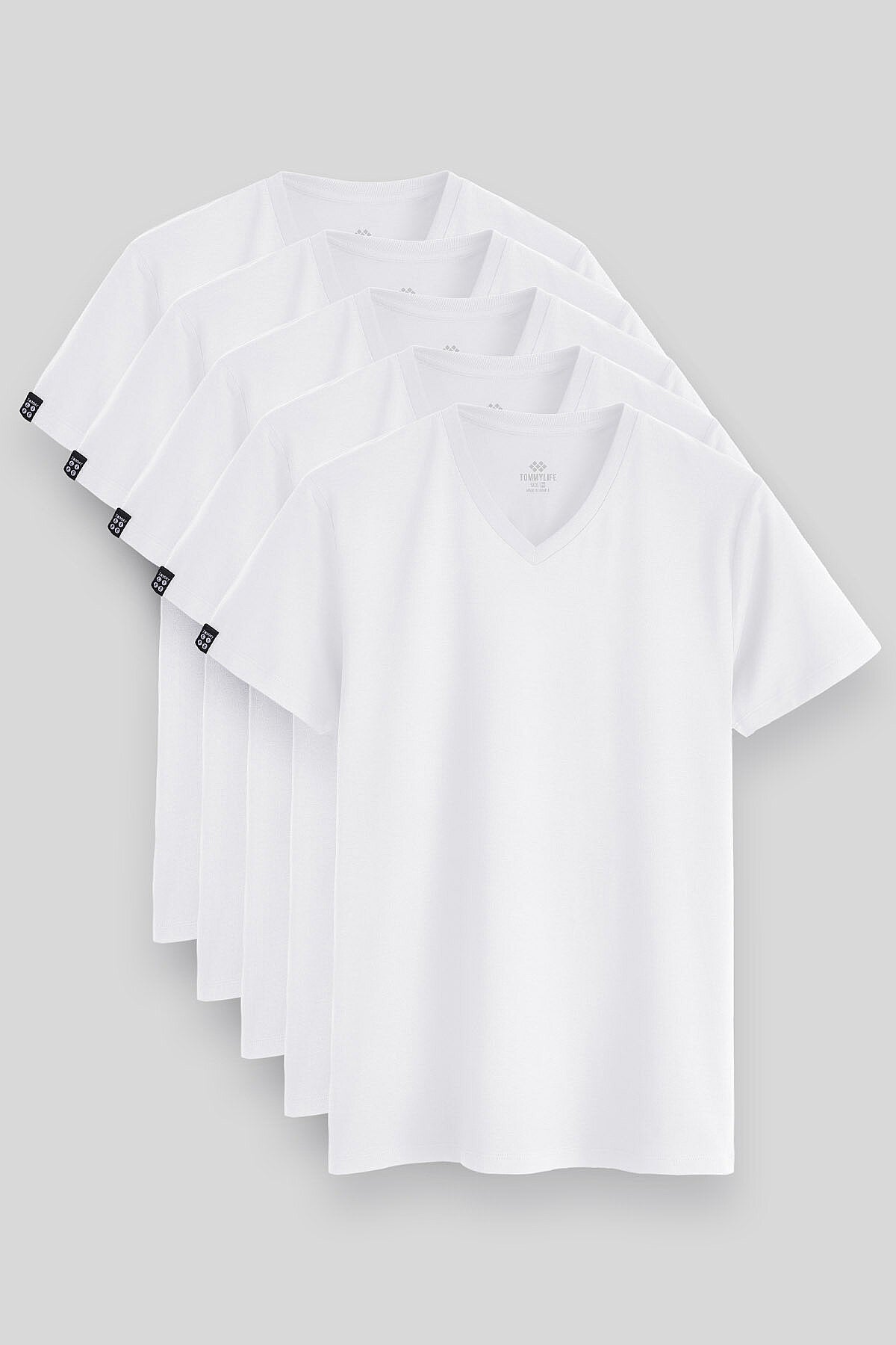 Standart Fit Basic V Yaka 5'li Paket Beyaz Erkek T-Shirt 87912