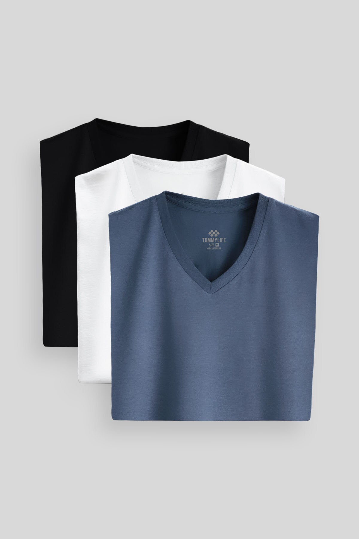 Standart Fit Basic V Yaka 3'lü Paket Siyah-Beyaz-Petrol Erkek T-Shirt 87912