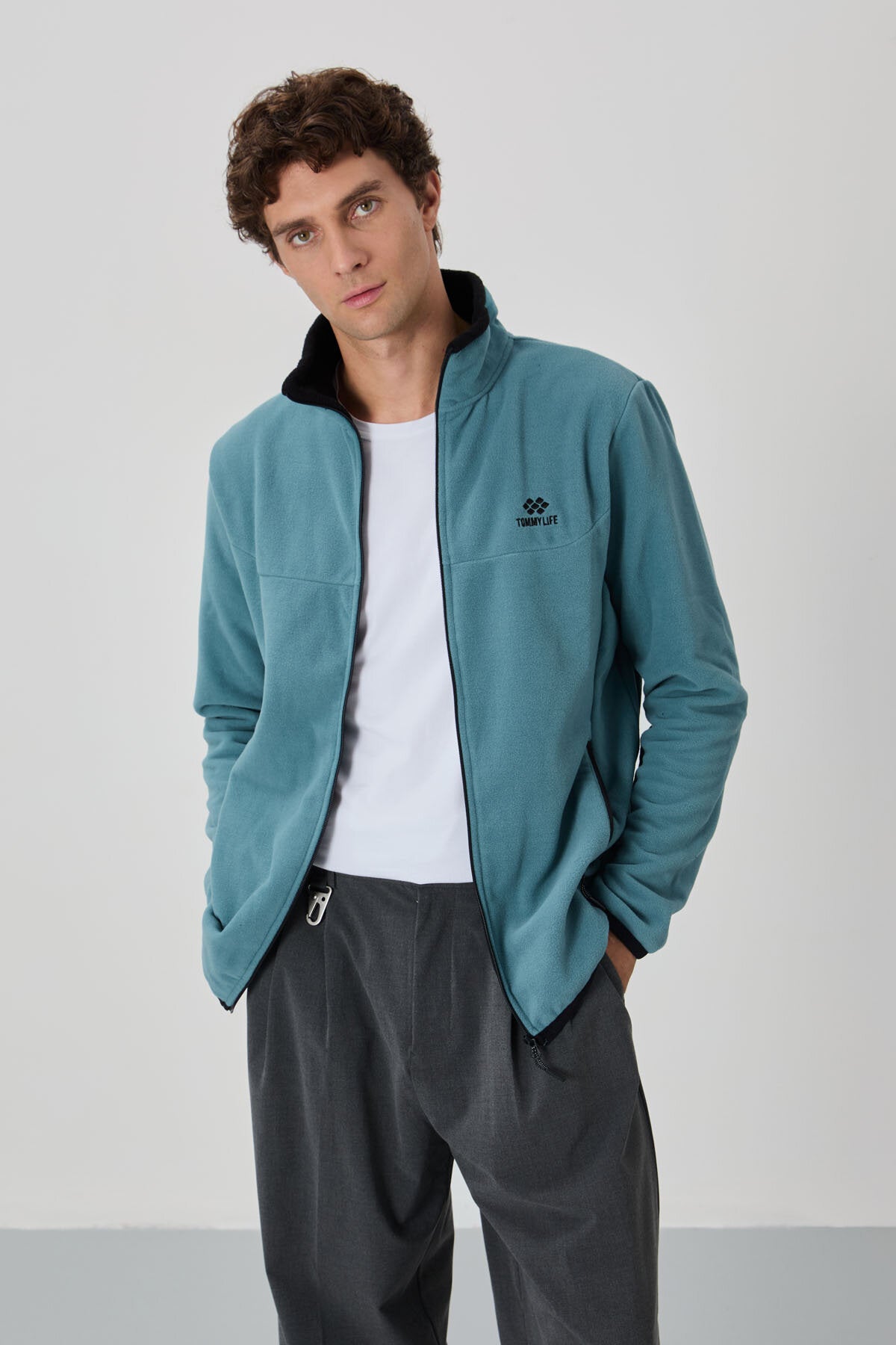 Standart Kalıp Dik Yaka 2'li Paket İndigo-Mint Yeşili Erkek Polar Sweatshirt - 87992
