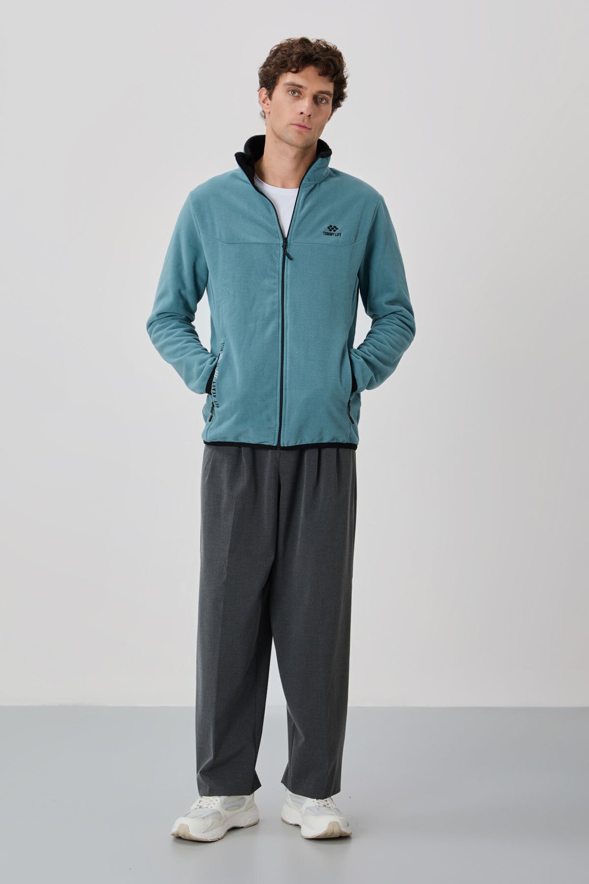 Standart Kalıp Dik Yaka 2'li Paket İndigo-Mint Yeşili Erkek Polar Sweatshirt - 87992