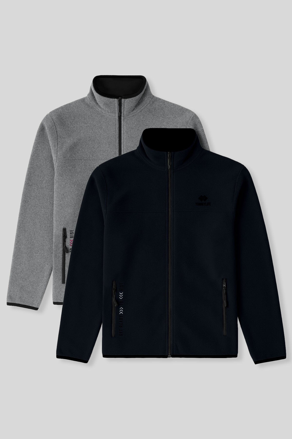 Standart Kalıp Dik Yaka 2'li Paket Lacivert-Gri Melanj Erkek Polar Sweatshirt - 87992