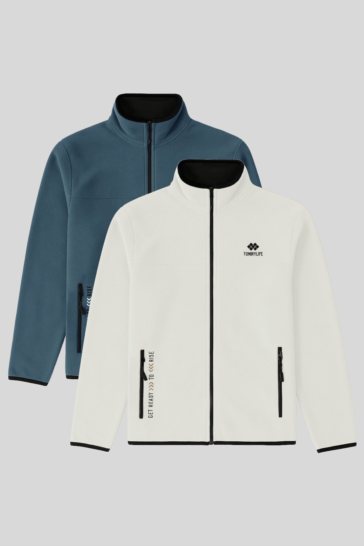Standart Kalıp Dik Yaka 2'li Paket Petrol-Ekru Erkek Polar Sweatshirt - 87992