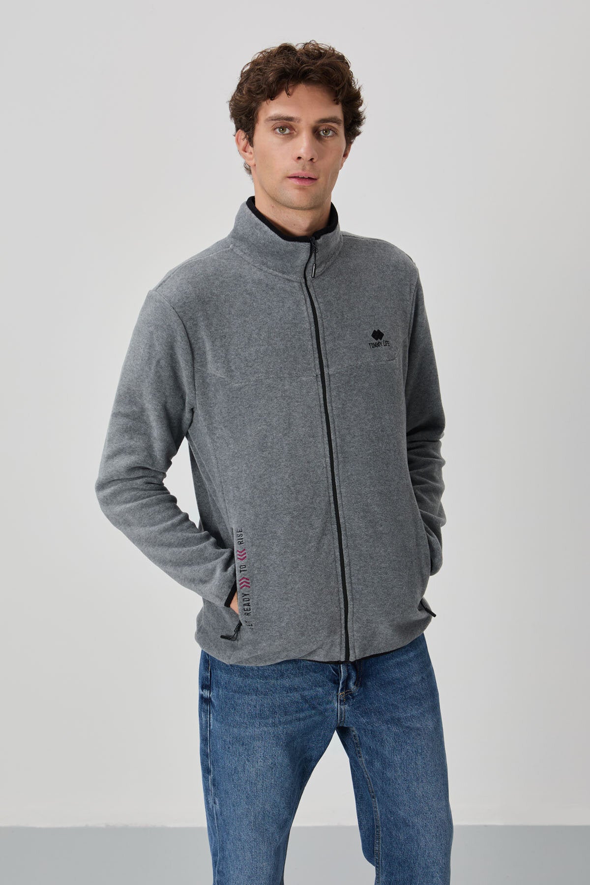 Standart Kalıp Dik Yaka 2'li Paket Siyah-Gri Melanj Erkek Polar Sweatshirt - 87992