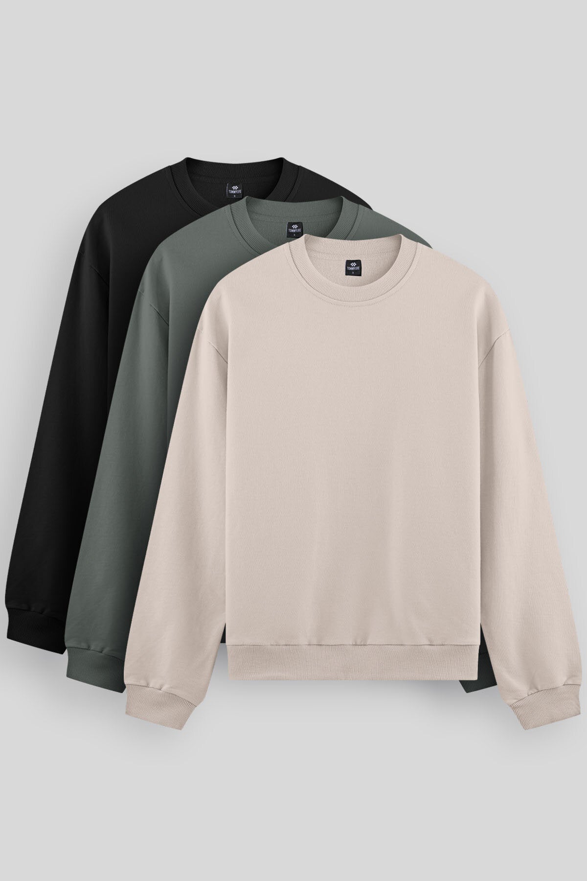 Standart Fit Basic O Yaka 3'lü Paket Siyah-Bej-Çağla Erkek Sweatshirt 88053