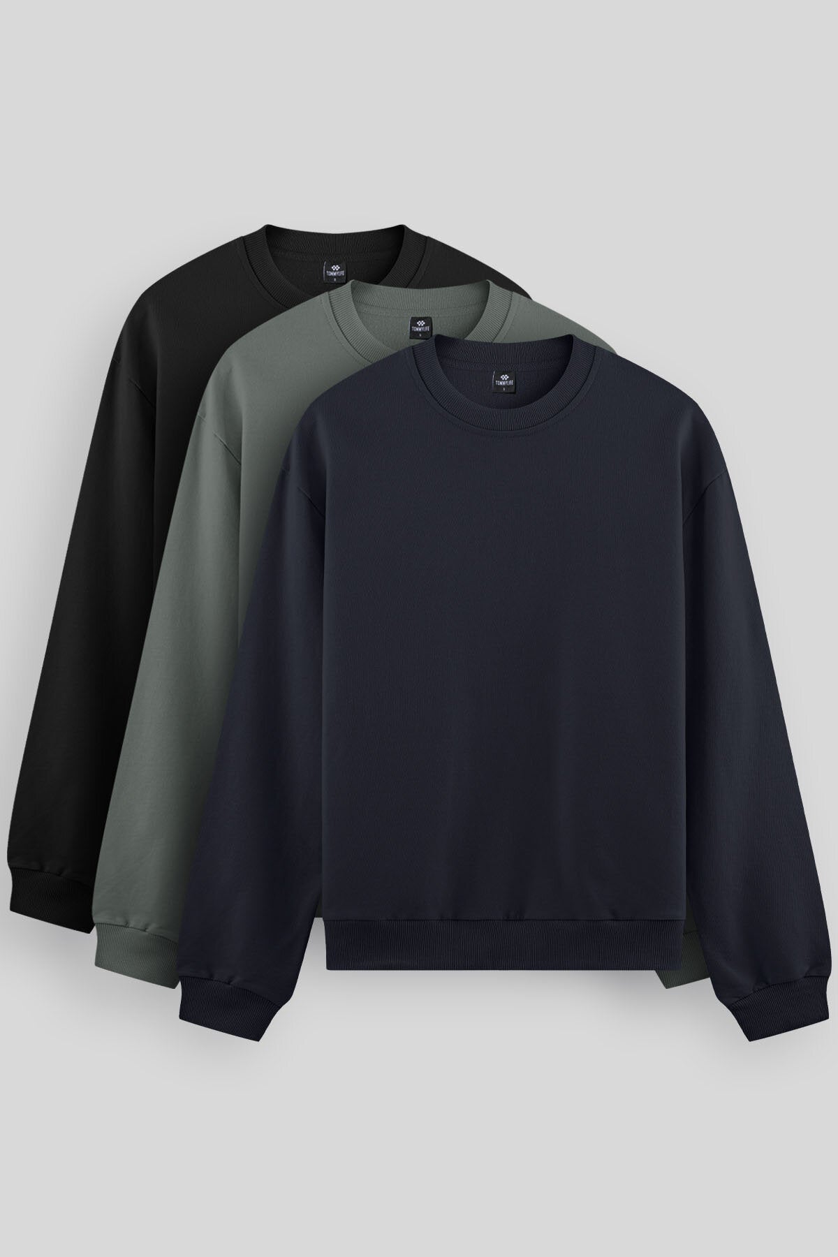 Standart Fit Basic O Yaka 3'lü Paket Siyah-Lacivert-Çağla Erkek Sweatshirt 88053