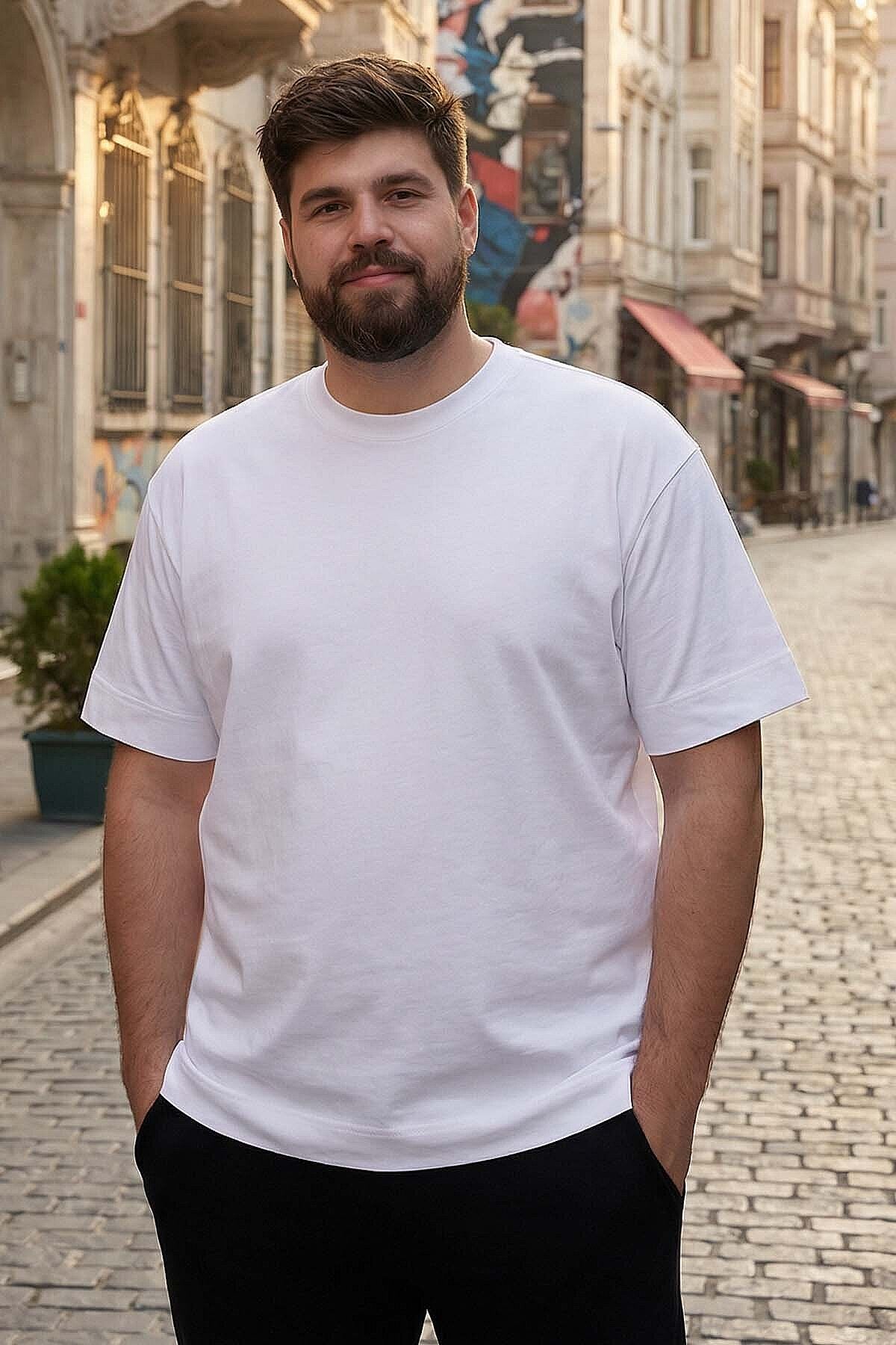 Basic O Yaka Büyük Beden 5'li Paket Beyaz Erkek T-Shirt 88072