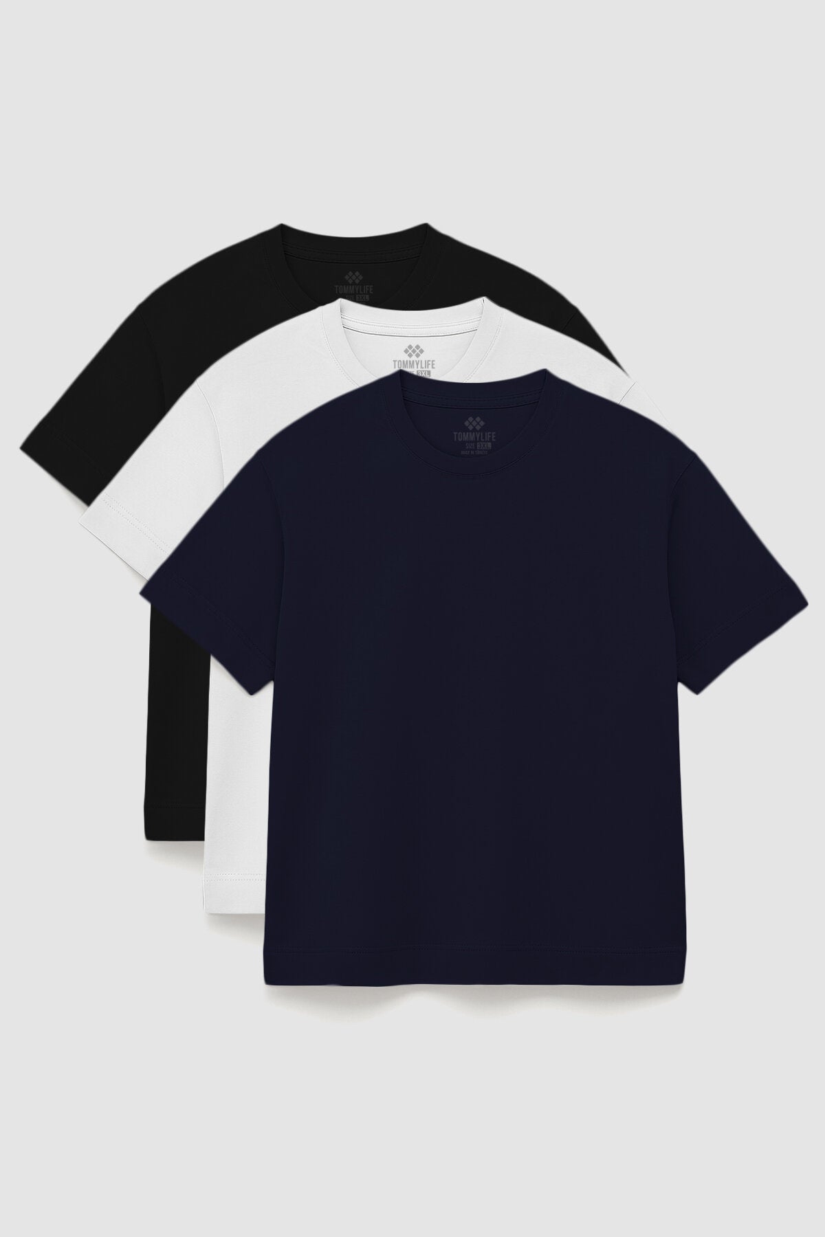 Basic O Yaka Büyük Beden 3'lü Paket Siyah-Beyaz-Lacivert Erkek T-Shirt 88072