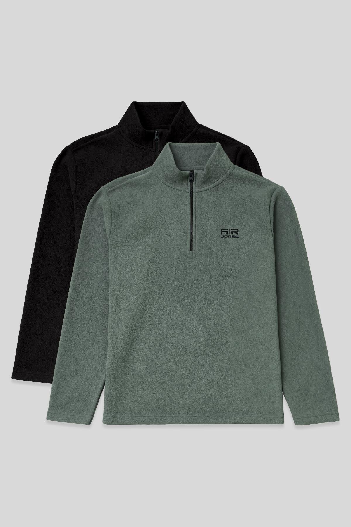 Standart Kalıp Dik Yaka 2'li Paket Siyah-Çağla Erkek Polar Sweatshirt - 88310