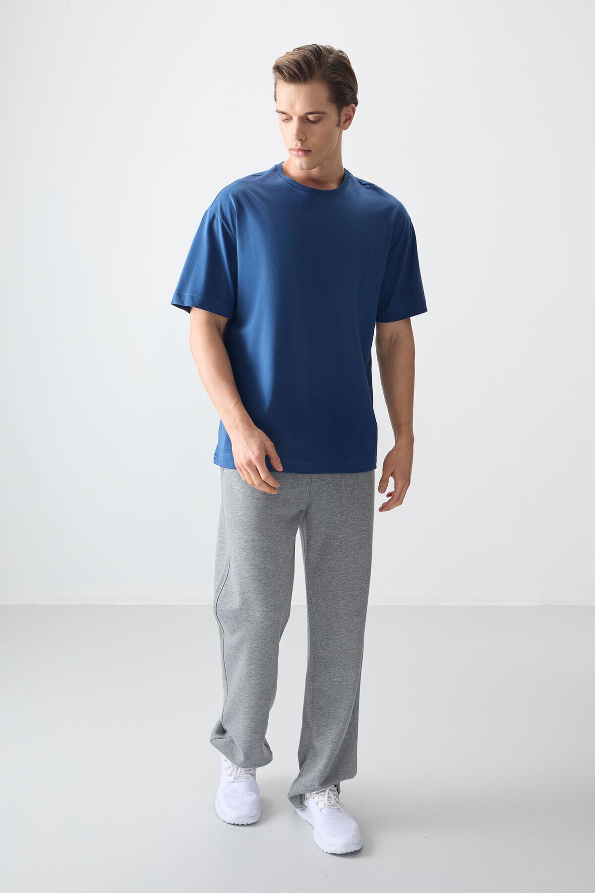 Oversize Fit Basic 3'lü Paket Lacivert-Açık Mavi-Parlament Erkek T-Shirt - 88353