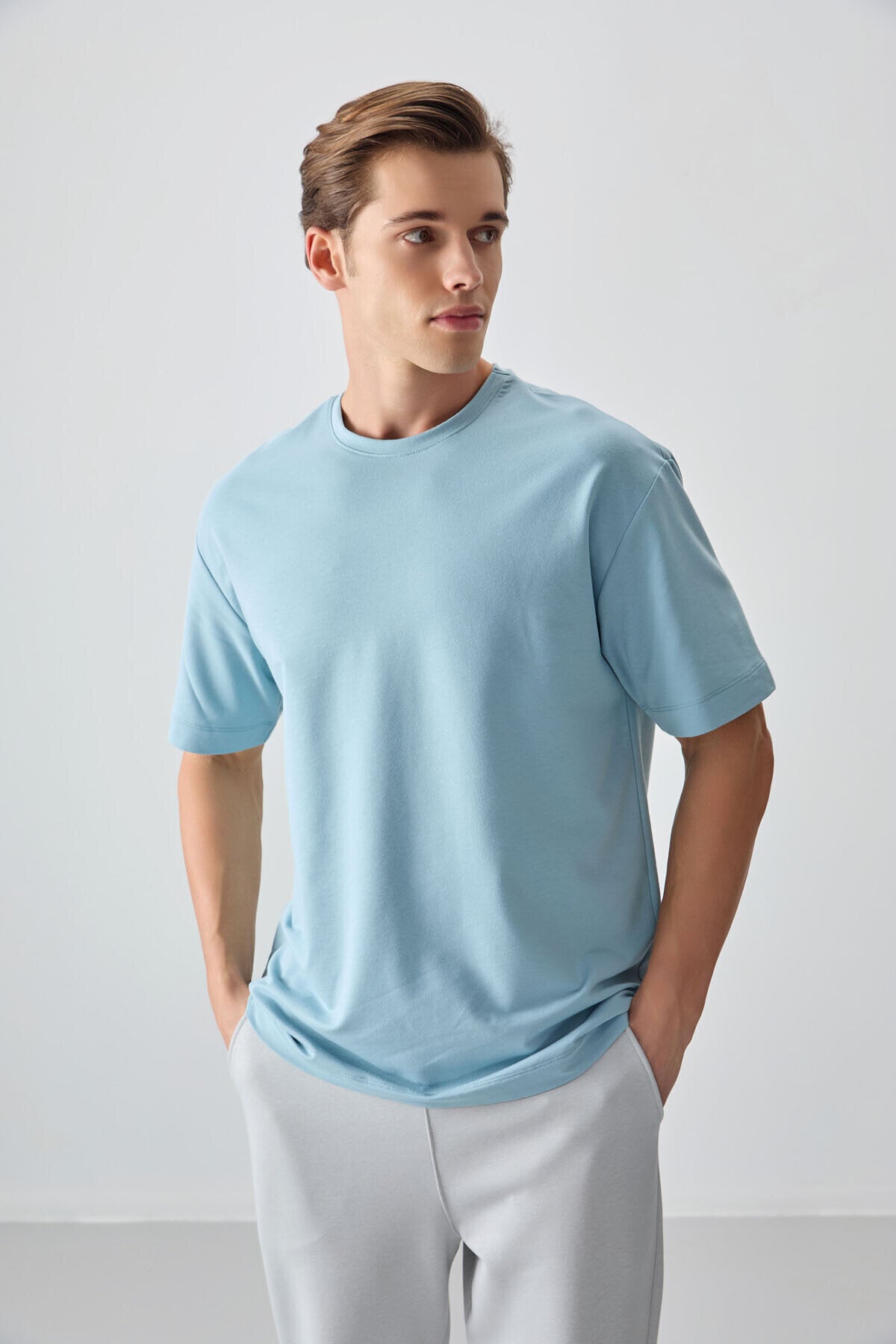 Basic Oversize O Yaka 3'lü Paket Lacivert-Açık Mavi-Parlament Erkek T-Shirt - 88377
