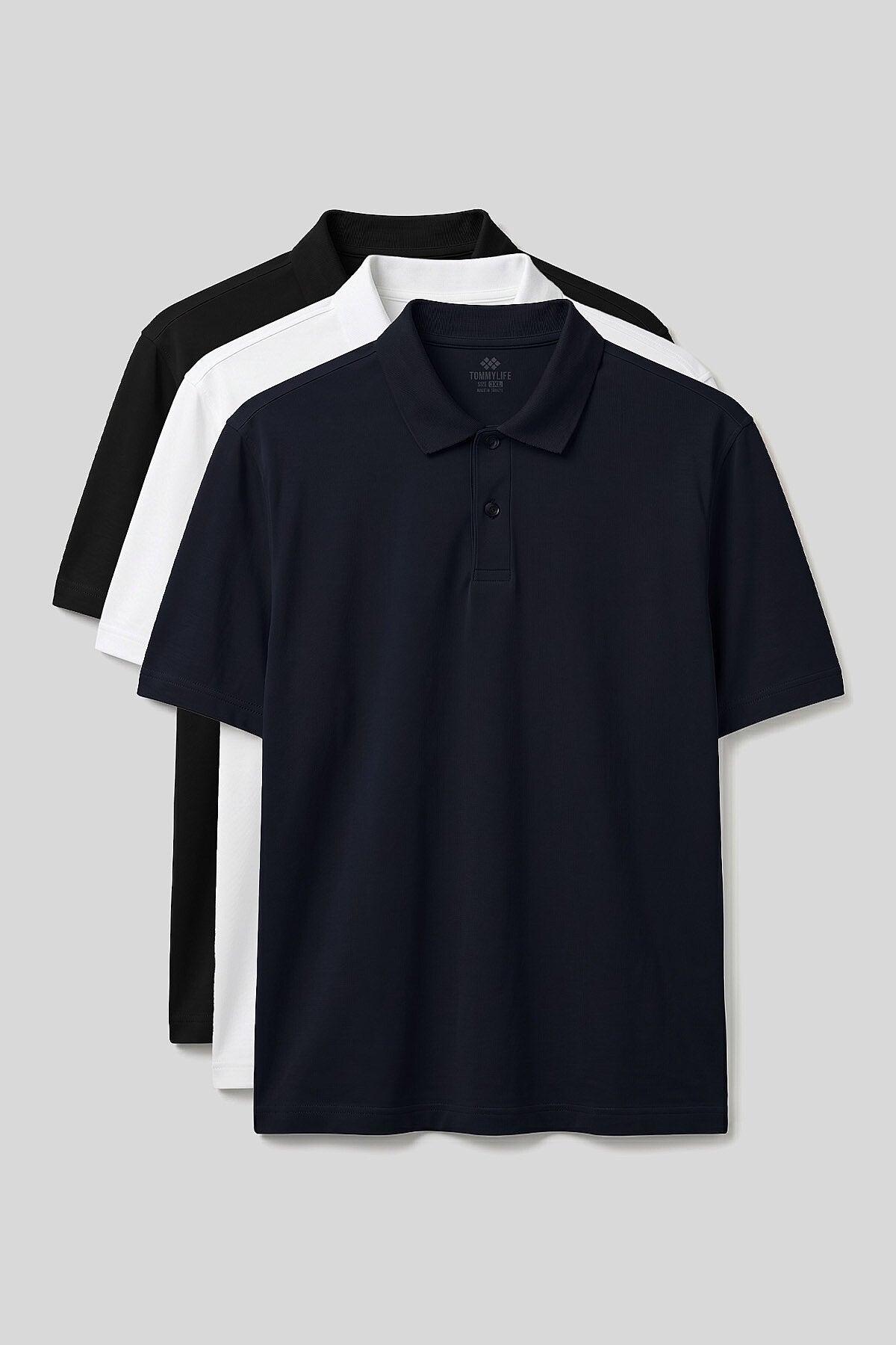 Polo Yaka Büyük Beden 3'lü Paket Siyah-Beyaz-Lacivert Erkek T-Shirt - 88511