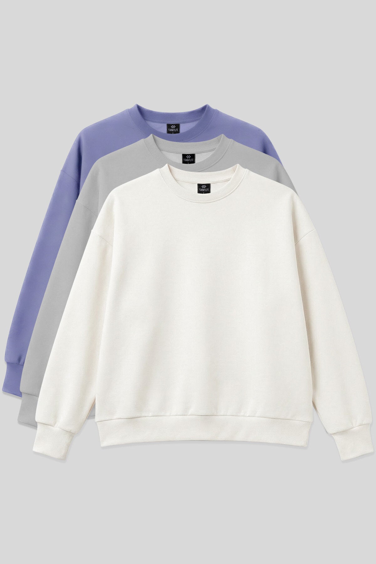 Basic Oversıze O Yaka 3'lü Paket Ekru-Taş- Açık Eflatun Kadın Sweatshirt - 97053