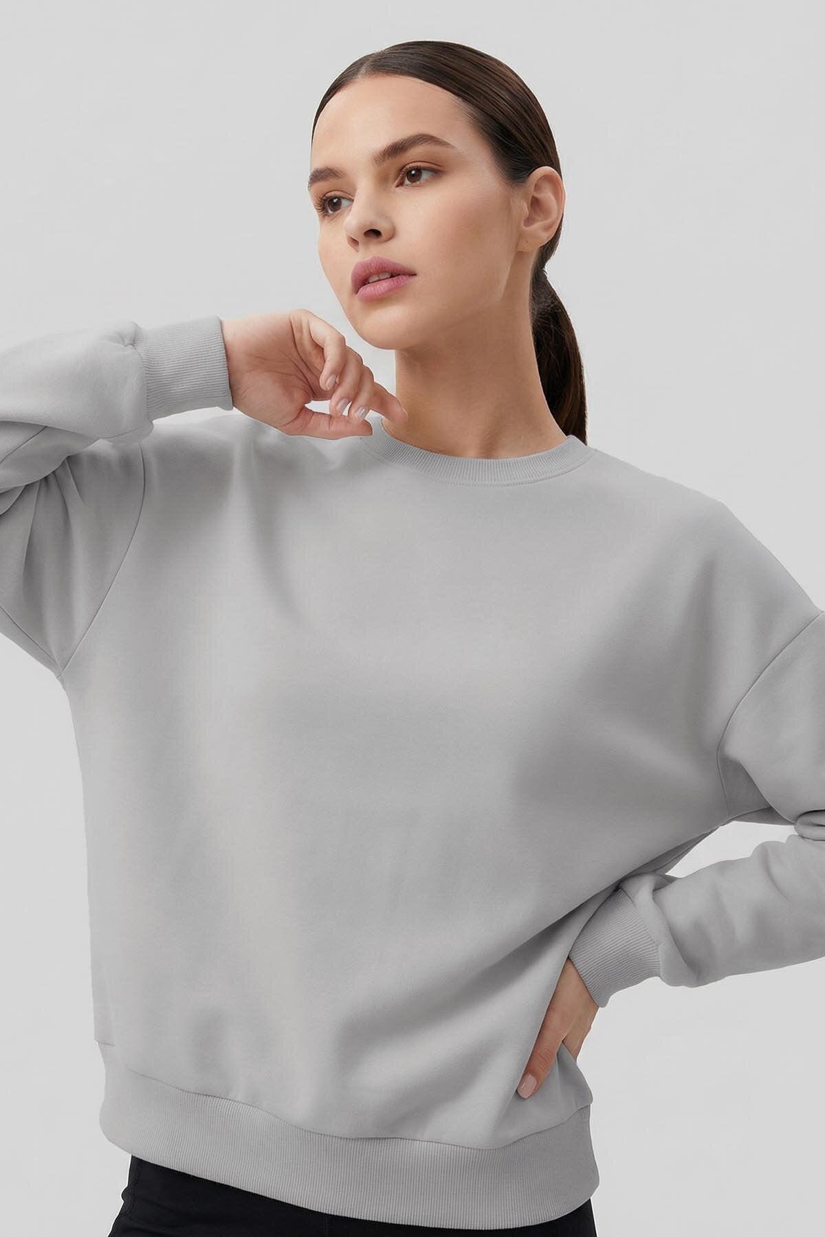 Basic Oversıze O Yaka 3'lü Paket Ekru-Taş- Açık Eflatun Kadın Sweatshirt - 97053