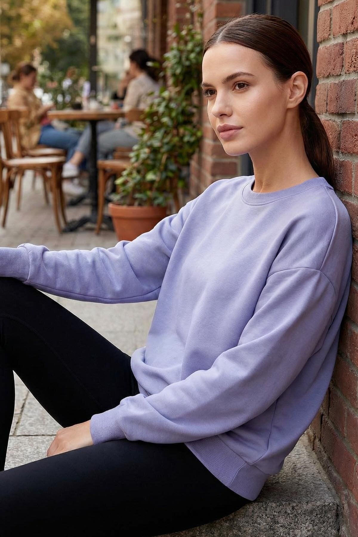 Basic Oversıze O Yaka 3'lü Paket Ekru-Taş- Açık Eflatun Kadın Sweatshirt - 97053